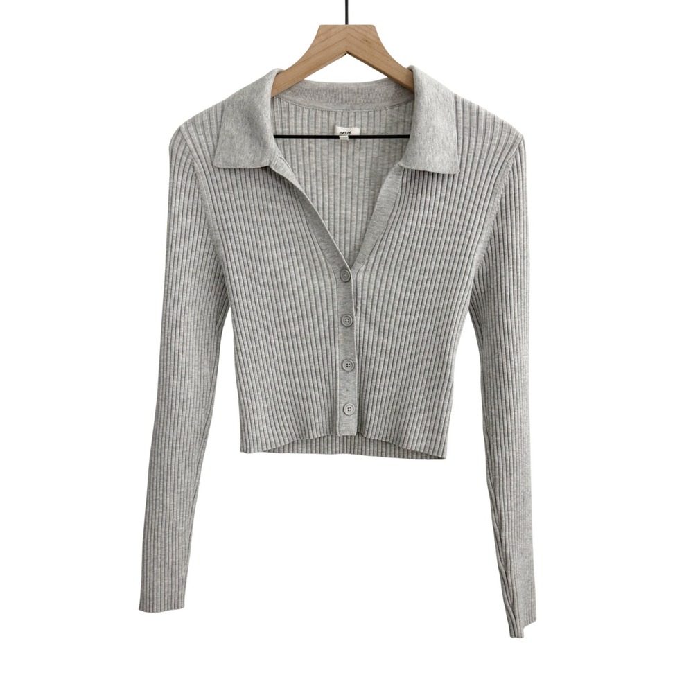 Aerie Gotta Jet Cropped Polo Sweater Cardigan Gray Medium Preppy Scandi Academia